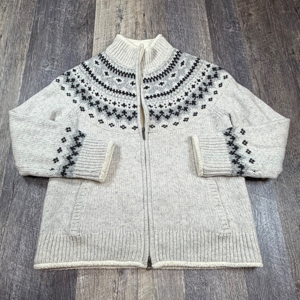 LL Bean Sweater Jacket Womens M Gray Lambswool Heavyweight Warm Fair Isle Zip